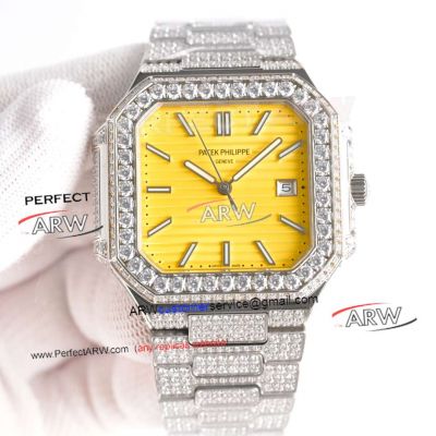  Super Clone Patek Philippe Cubitus Lemon Yellow Dial Iced Out Diamond Case 45mm Watch 